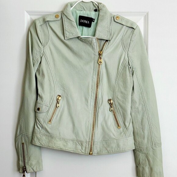 Women's DOMA Mint Green Leather Moto Jacket - Size S
